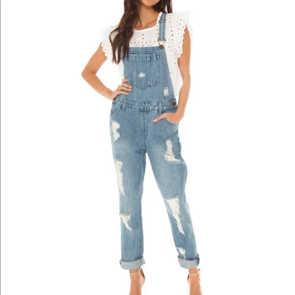 Show Me Your Mumu Alma Denim Overalls Distressed Pitch Blue Womens Small S